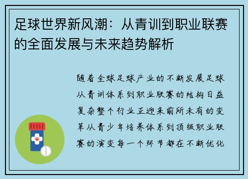 足球世界新风潮：从青训到职业联赛的全面发展与未来趋势解析
